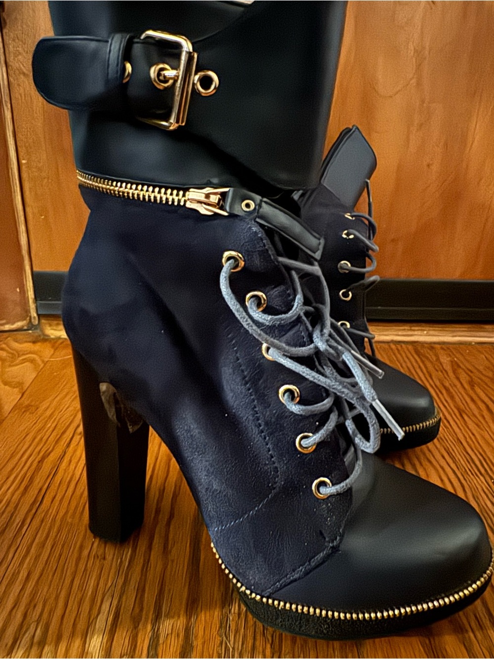 Italina Blue Suede & Leather Lace-Up High Heel Ankle Boots with Gold Accents